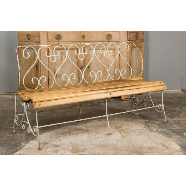 1920s French Rustic Iron Garden Bench with Scrolling Motifs and Slatted Seat For Sale - Image 4 of 12