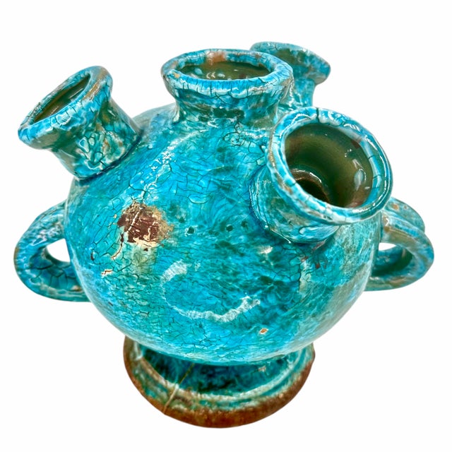 1950s Turquoise Cerulean Brutalist Vase For Sale - Image 9 of 12