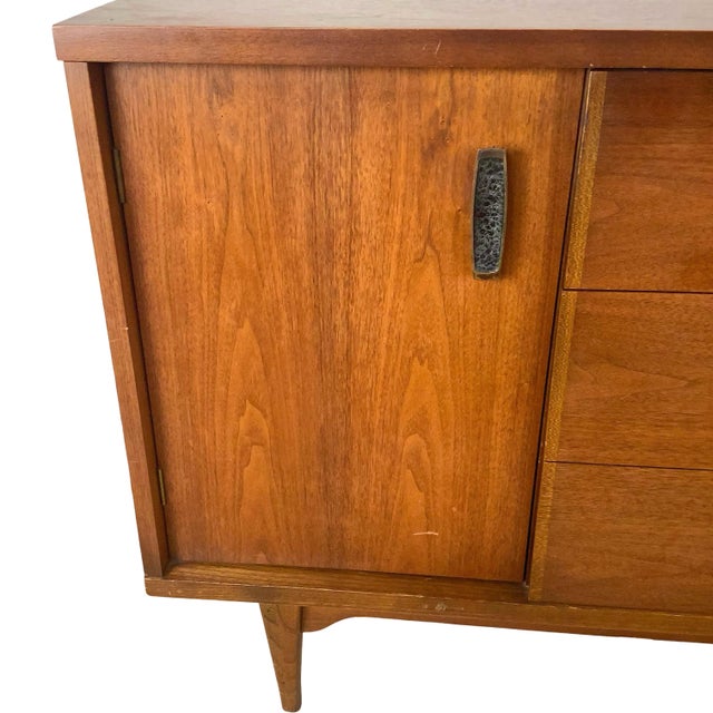 Vintage Mid-Century Modern Walnut Credenza With Sculptural Metal Pulls For Sale - Image 10 of 15