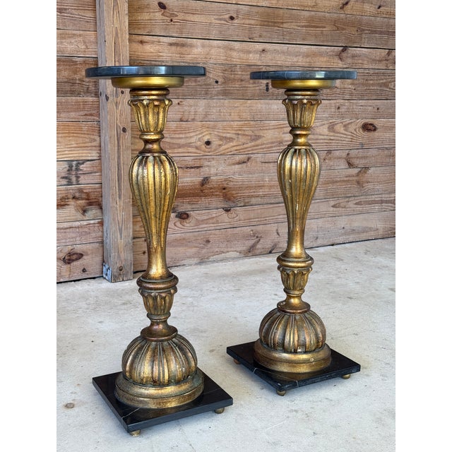 Pair of Neoclassical Gilt Wood Pedestals With Black Marble Tops For Sale - Image 12 of 12