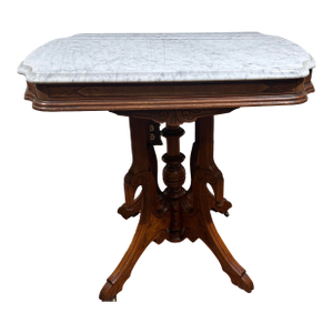 Victorian Marble-Top Side Table | Antique Carved Wood Accent Table