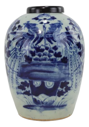 Antique Chinese Blue and White Porcelain Ginger Jar With Phoenix & Floral Design