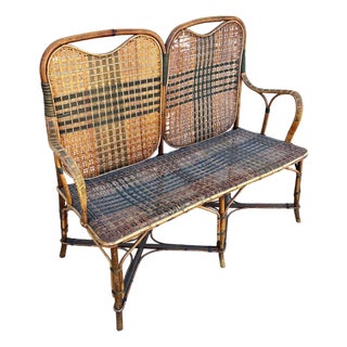 Restored Aesthetic Movement Tiger & Tortoise Bamboo Bench Settee W/ Woven Seat For Sale