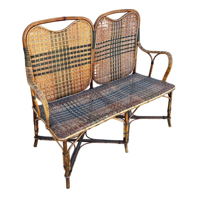 Restored Aesthetic Movement Tiger & Tortoise Bamboo Bench Settee W/ Woven Seat For Sale
