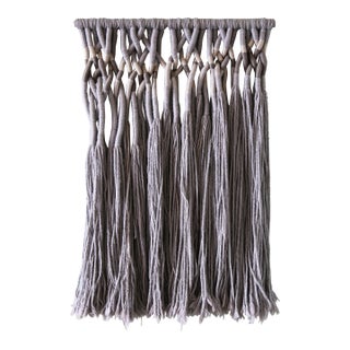 1980s 51" Fiber Art Textile Hanging Wall Art Blues Grays and Neutrals For Sale