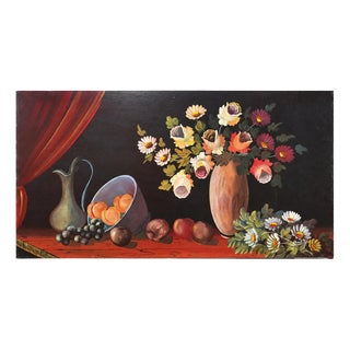Portuguese School Artist, Still Life with Flowers, Fruits and Utensils, Oil on Latex For Sale