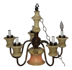 Vintage 1960s Brushed Vintage Brass Alabaster 5 Branch Chandelier