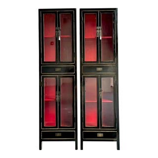 Vintage Boho Lacquered Tall Cabinets - A Pair For Sale