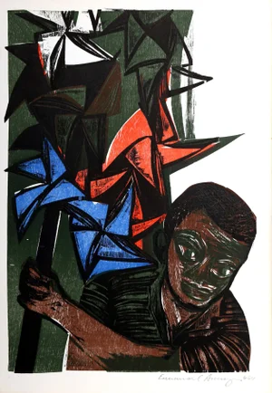 Boy with Pinwheels from the Bahia Portfolio, Emanoel Araujo Linocut