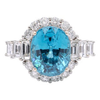 6Ct Blue Zircon Ring With Natural Diamond Accents: Solid 14k Gold, Oval 11x8mm, Size 6.75 For Sale