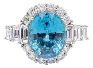6Ct Blue Zircon Ring With Natural Diamond Accents: Solid 14k Gold, Oval 11x8mm, Size 6.75