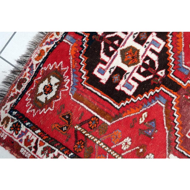 Textile 1940s, Vintage Persian Shiraz Rug, Tribal Triple Medallion, Red Field, 4 X 5 For Sale - Image 7 of 11