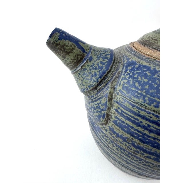 Vintage Blue Stoneware Pottery Teapot, Signed For Sale - Image 11 of 11