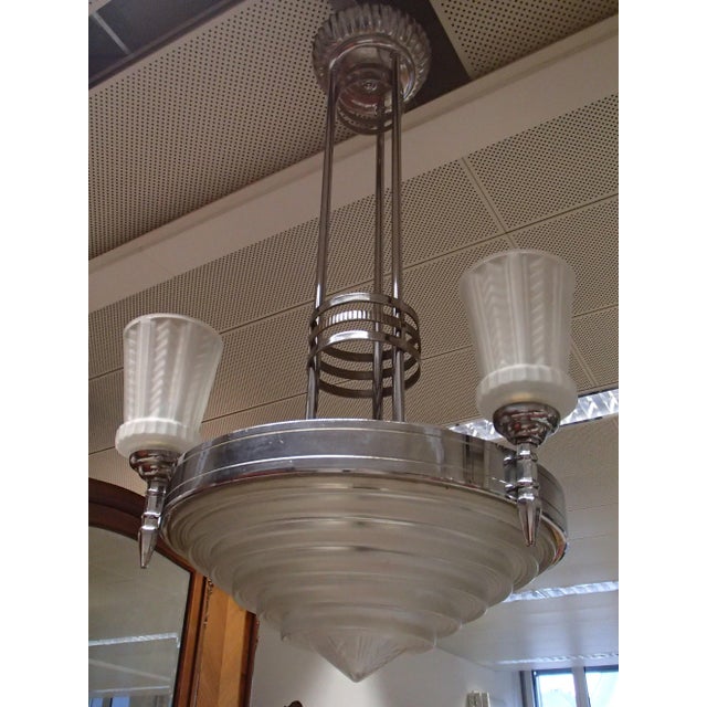 Metal Nickel and Geometric Glasses Ceiling Lamp by Jules Leleu for Maison Leleu, 1930s For Sale - Image 7 of 8