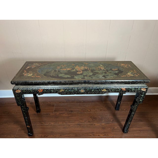 Vintage Chinese Console Table Black Lacquer Chinoiserie Gilt Hand Painted C1950 For Sale - Image 14 of 18