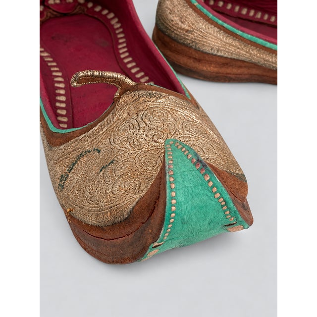 Indian Antique Indian Gold-Embroidered Leather Mojari Shoes, Circa 1870–1910, Pair For Sale - Image 3 of 12