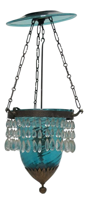 Bell Jar Gilt Bronze Blue Glass Crystal Chandelier Pendant Light, Circa 19th C.