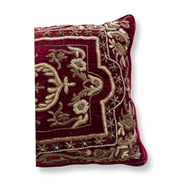 Italian Antique Italian Hand Embroidered Pillow With Metal Time Threads on Silk Velvet. For Sale - Image 3 of 5