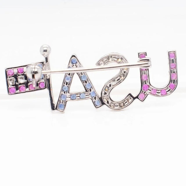 Early 21st Century Vintage Patriotic 18k White Gold, Diamond, and Spinel Usa Flag Brooch or Pin For Sale - Image 5 of 11