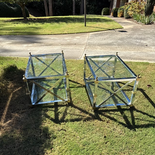 Mid-Century Modern Vintage Chrome and Brass X-Base Tables Attributed to Maison Jansen ~ a Pair For Sale - Image 3 of 11