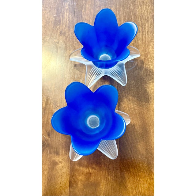 1970s Pair of Blue Tulip Glow Candle Holders Made in Italy For Sale - Image 10 of 12