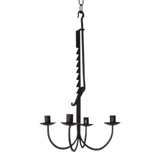 19th C Wrought Iron Hanging Sawtooth Trammel Candle Chandelier For Sale