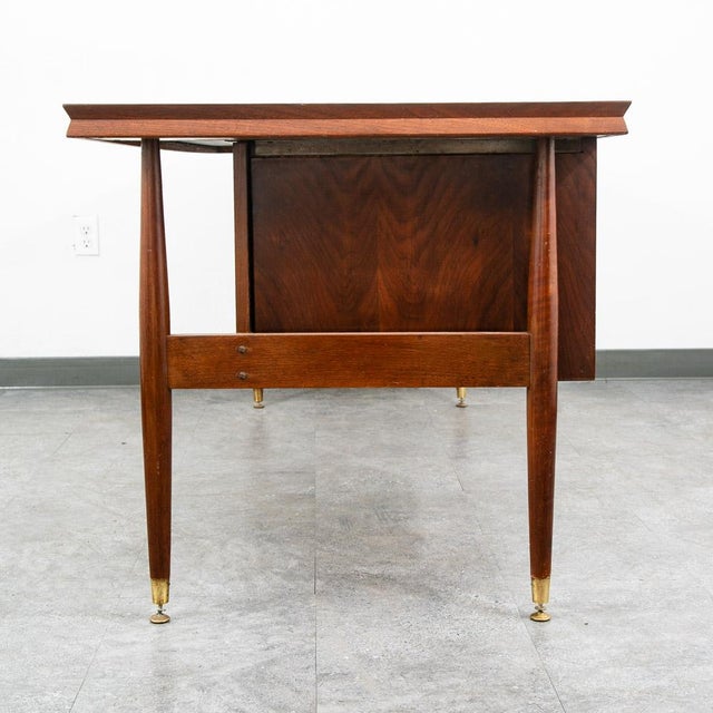 1960s Mid Century Modern Desk Office Executive Walnut Cane Back 4 Drawers File MCM 60s For Sale - Image 4 of 12