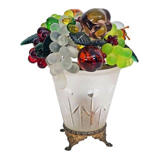 Vintage Czechoslovakia Frosted Glass Fruit Basket Table Lamp For Sale