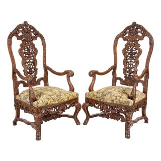 Pair of Large Late 19th C. French Régence (Louis Xiv/Xv) Revival Hand-Carved Solid Walnut Fauteuil Armchairs/Thrones For Sale