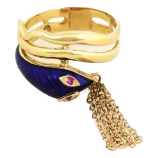 67257 Estate Ruby Enamel 18k Yellow Gold Snake Bypass Band Ring Size 7 For Sale