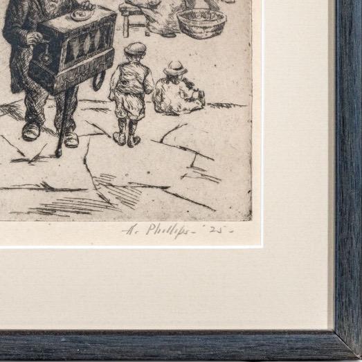 Abraham Phillips Signed Etching Organ Grinder Street Scene 1925 For Sale - Image 9 of 14