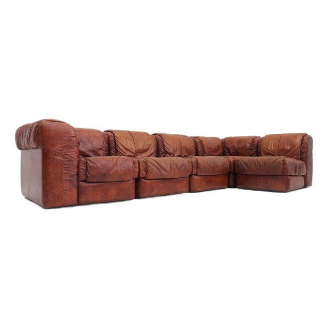 Vintage Seven Modular Sofa in Cognac Leather from Salotti, Italy, 1970s, Set of 5 For Sale