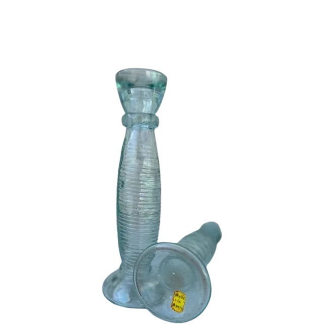 Mediterranean ( Set of 2 ) Made in Spain Antique Glass Candlestick / Vase For Sale - Image 3 of 3