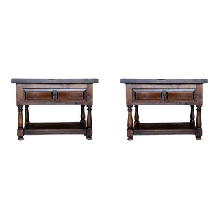20th Pair of Large Spanish Nightstands or Low Console Tables With Drawer For Sale