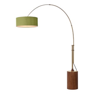 Tambo 92"h 1-Light Arc Lamp, Avocado Linen Shade, Dark Walnut Base, Weathered Brass, Dimmable, for Living Room or Bedroom For Sale