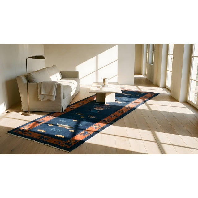 1920s Blue Navy Animal Antique Chinese Peking Rug 3'2" X 11'8" Hand Knotted Wool Carpet For Sale In New York - Image 6 of 8