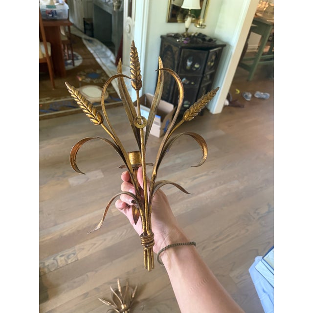 Hollywood Regency Vintage Italian Gilt Iron Wheat Sheaf Candle Wall Sconces - a Pair For Sale - Image 3 of 5