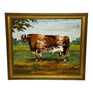 Victorian British Shorthorn Bull Pastoral Oil Painting in Gilt Frame c.1890 in the Manner of William Ward For Sale