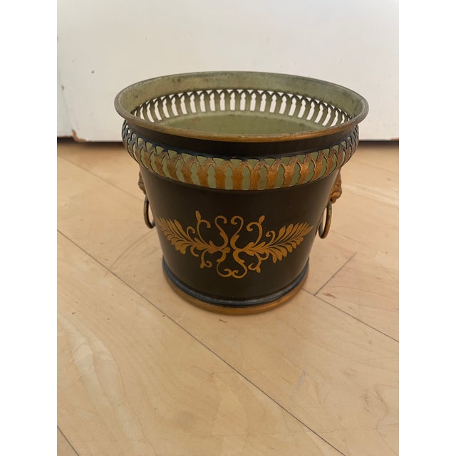 Neoclassical Vintage French Neoclassical-Style Black and Gold Tole Cachepot For Sale - Image 3 of 10