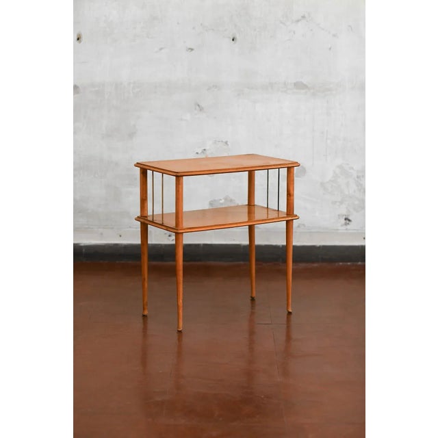 1950s Mid-Century Wooden Side Table with Brass Details and Double Shelf, 1950s For Sale - Image 5 of 5