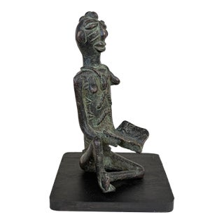 Vintage Benin Bronze of a Seated Female Nigeria African 6.25" H W/Stand For Sale