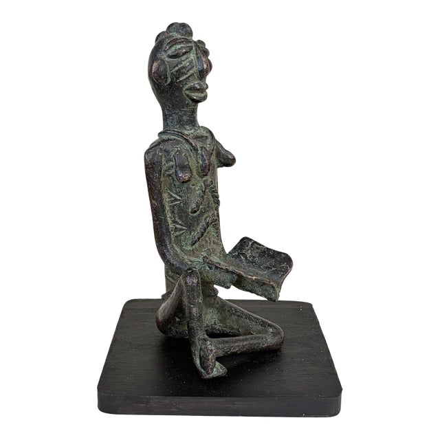 Vintage Benin Bronze of a Seated Female Nigeria African 6.25" H W/Stand For Sale