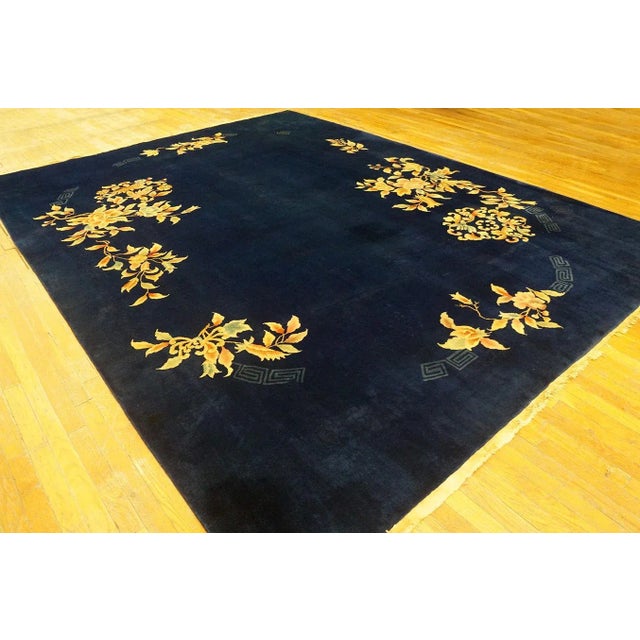 1930s Blue Navy Floral Modern Antique Chinese Art Deco Carpet 8'10" X 11'8" Handknotted Wool Rug For Sale - Image 4 of 12