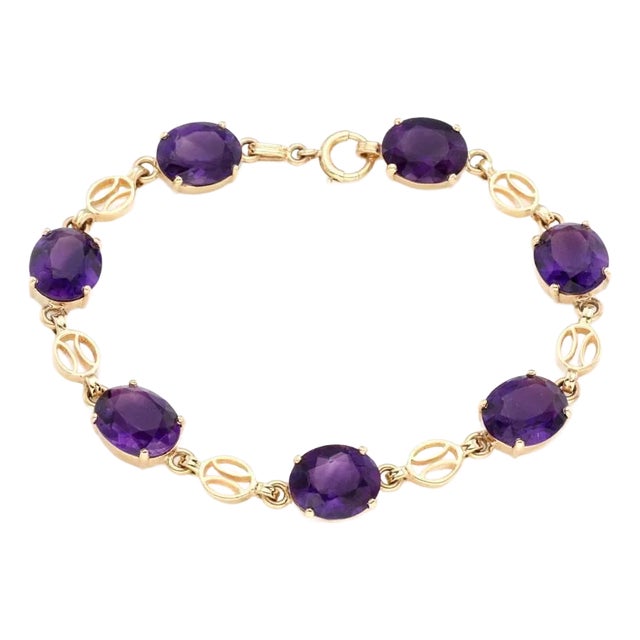 14k Yellow Gold Amethyst Oval Link Bracelet For Sale