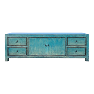 Oriental Distressed Light Turquoise Blue Low Tv Media Console Cabinet