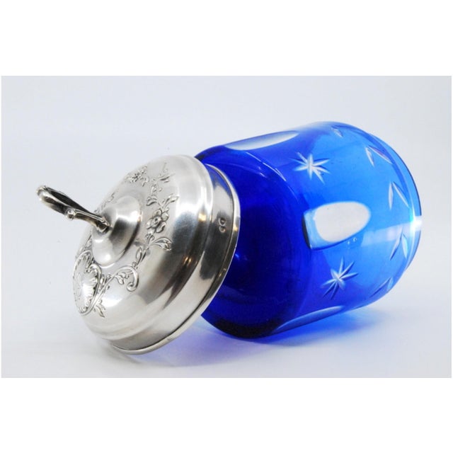 Blue Glass Jam Jar with Engravings and Silver Lid with Floral Motifs For Sale - Image 5 of 9