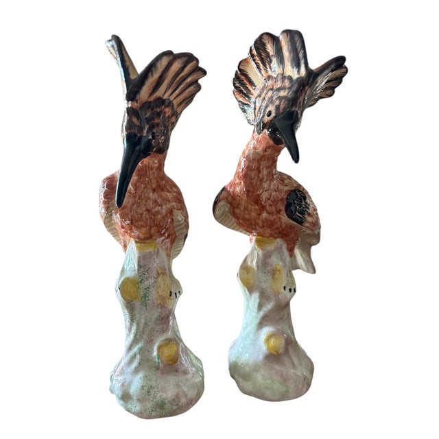 Ceramic 1960s Pair of Mottahedeh Italian Ceramic Hoopoe Birds – Meissen-Inspired Hand-Painted Sculptures For Sale - Image 7 of 9