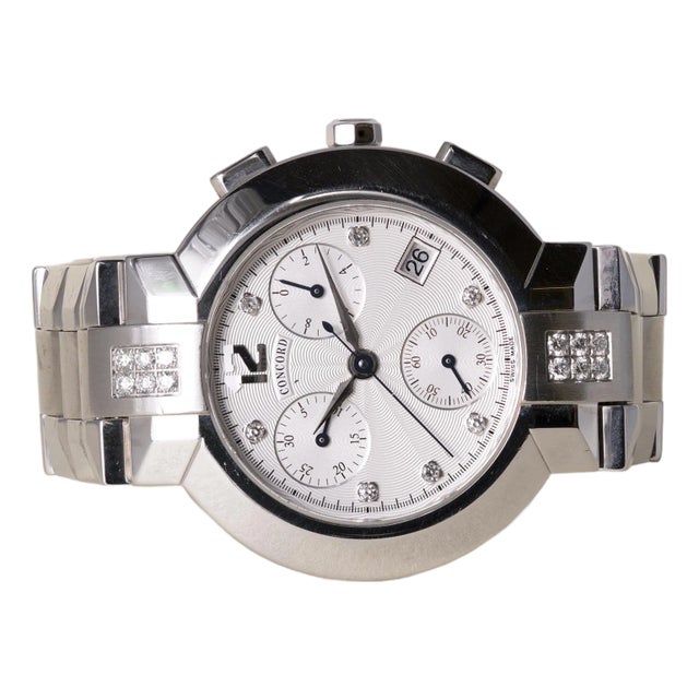 Late 20th Century Concord La Scala Stainless Steel Chronograph Diamond Quartz Watch For Sale