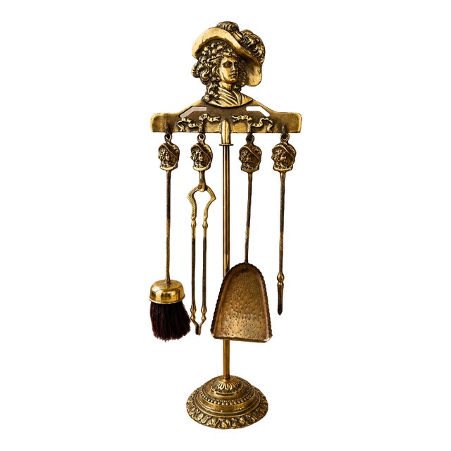Vintage French Brass Fireplace Tools, Set of 5 For Sale