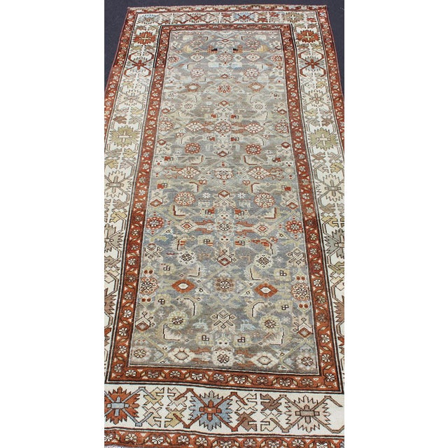 Tribal Antique Persian Malayer Rug With All-Over Tribal Design in Gray Background 3'10 X 8'6 For Sale - Image 3 of 13